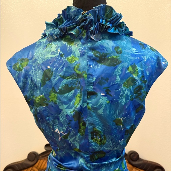 London Times Vintage Satin Ruched Blue Floral Ruffle Neckline Dress Size 10 - Picture 4 of 7